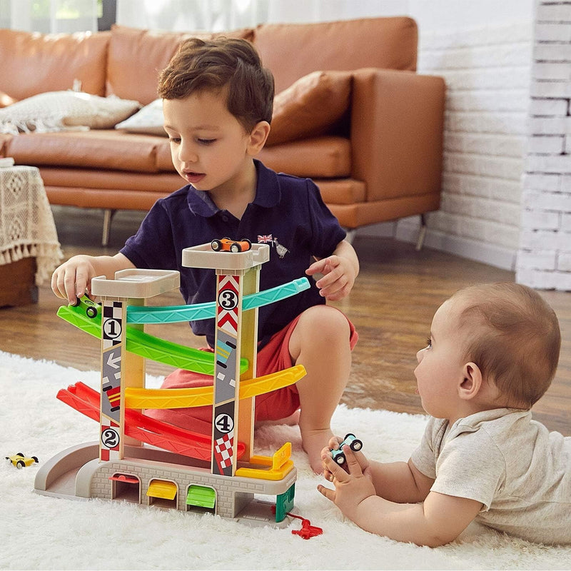 Toddler Race Track Toy with 4 Wooden Cars Montessori Learning Playset