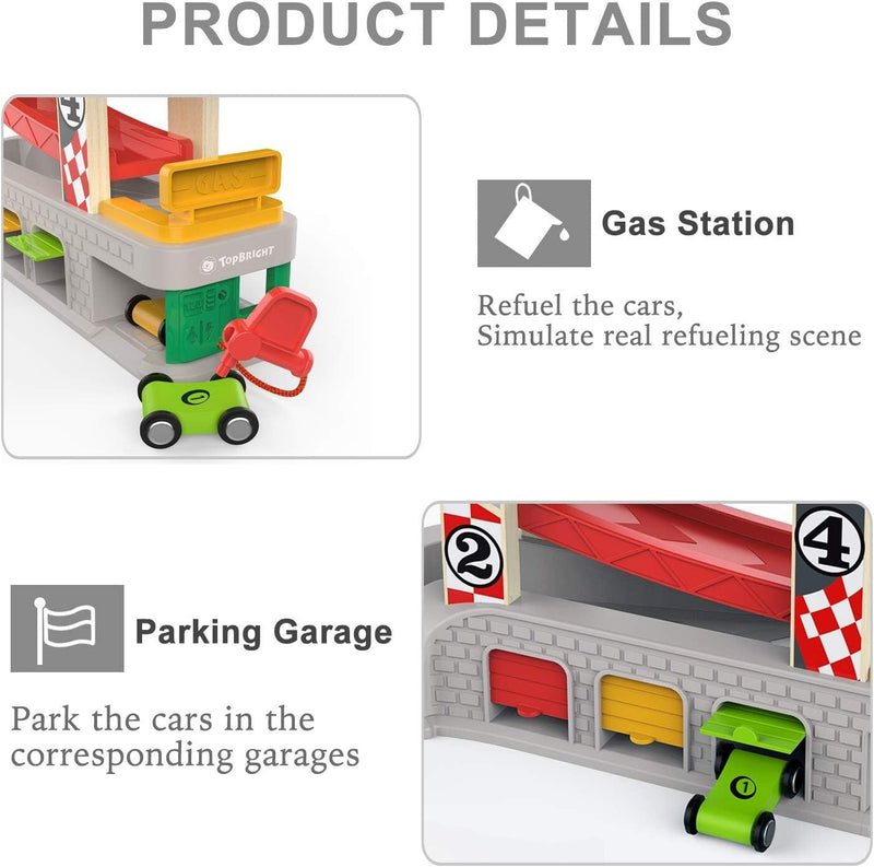 Toddler Race Track Toy with 4 Wooden Cars Montessori Learning Playset