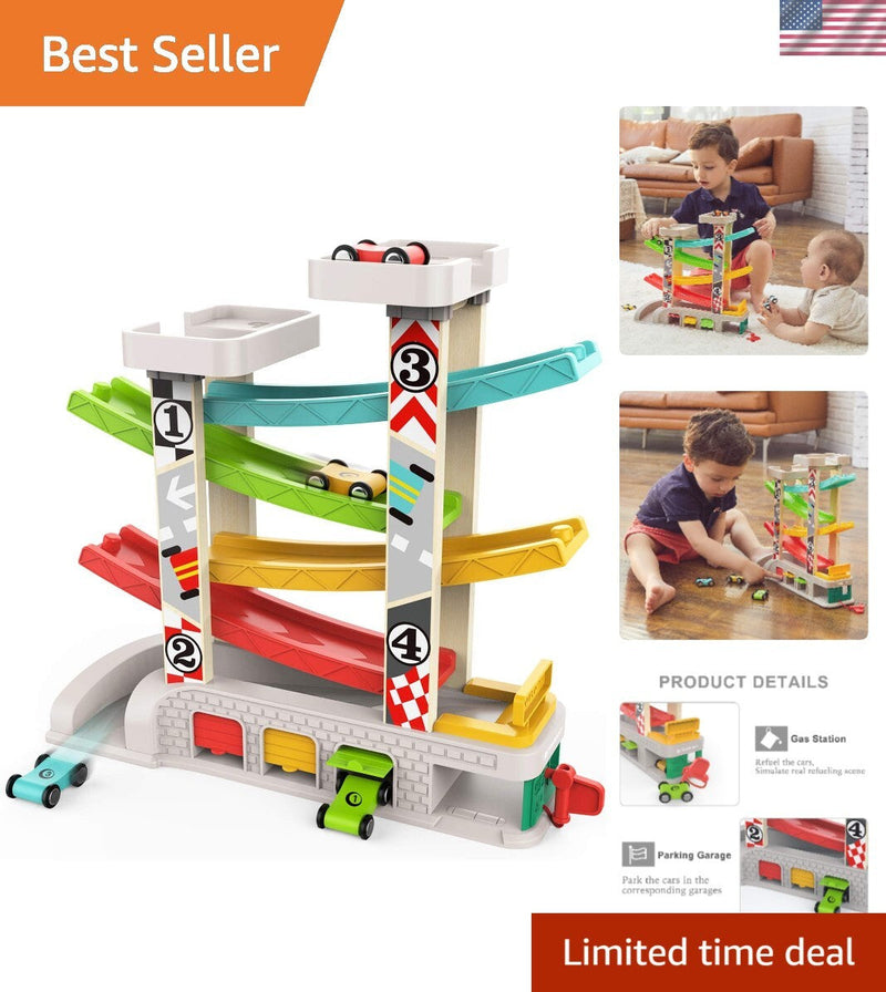 Toddler Race Track Toy with 4 Wooden Cars Montessori Learning Playset