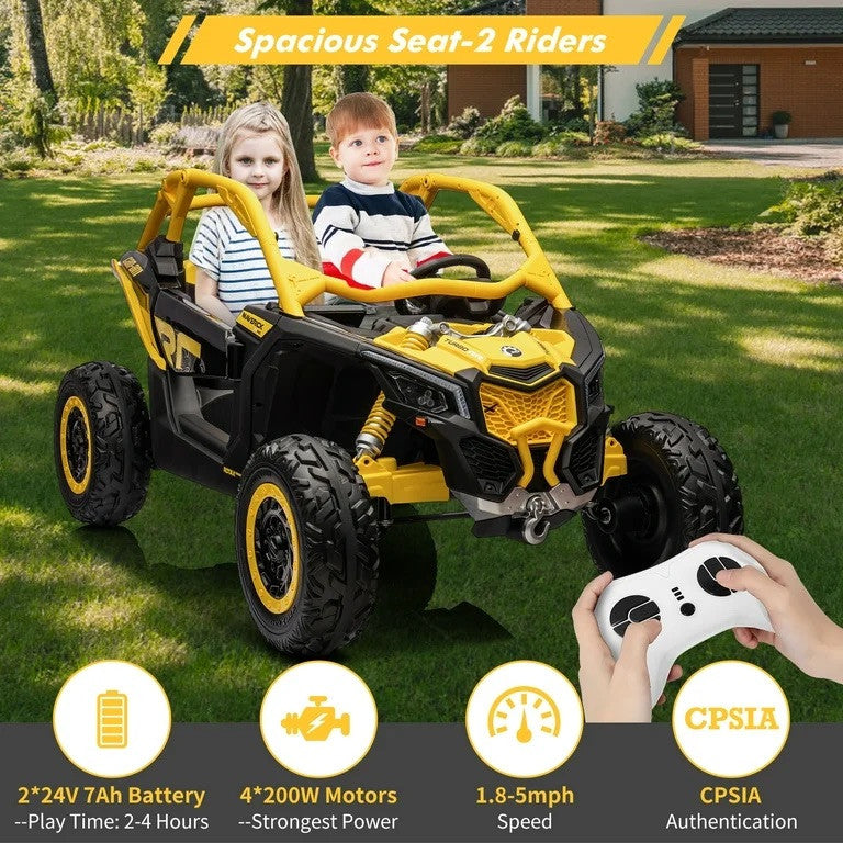 24V XL Can-Am Maverick Ride-On Toy UTV with Remote Control 4WD in Yellow