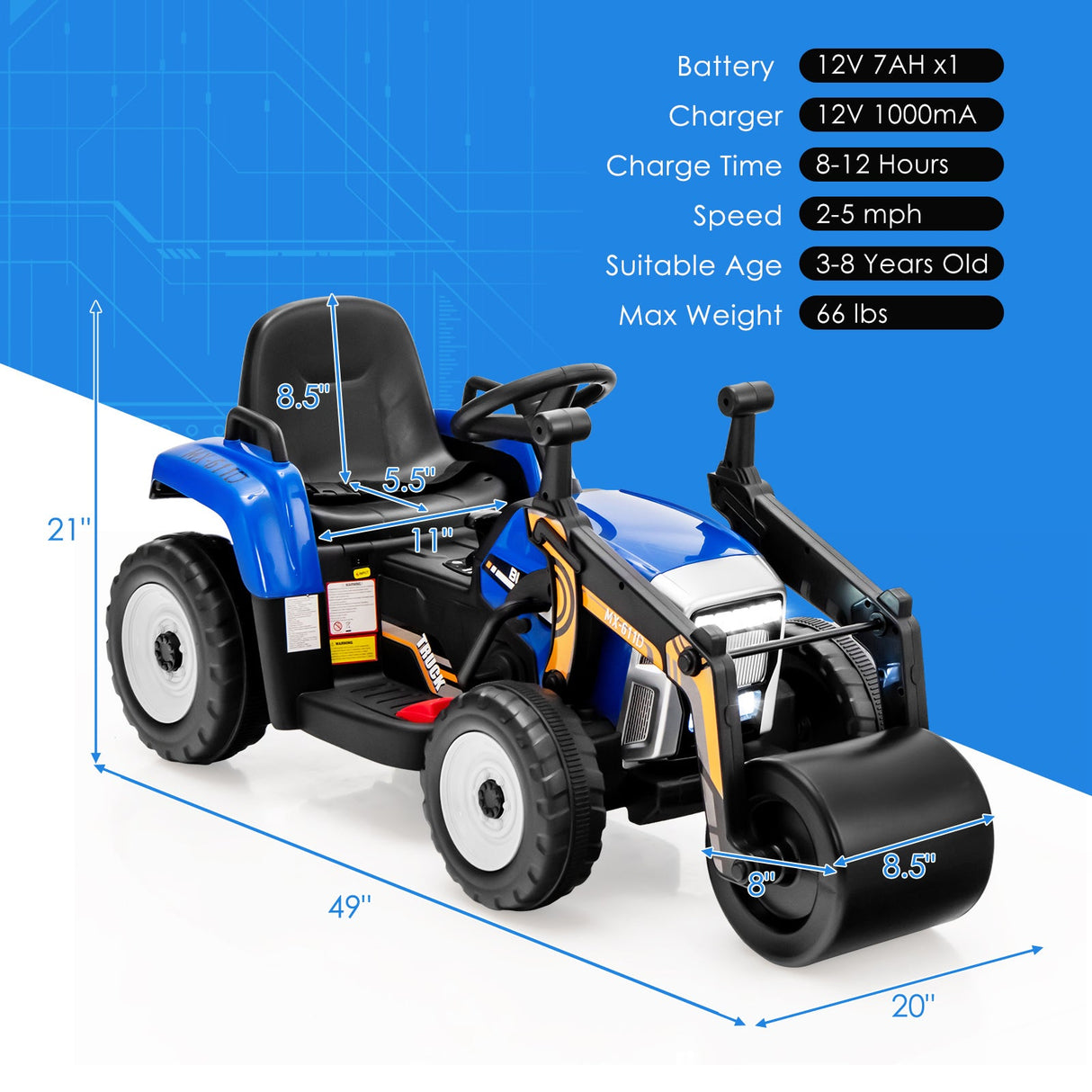 12V Electric Tractor with Remote Control, Music, and LED Lights for Kids