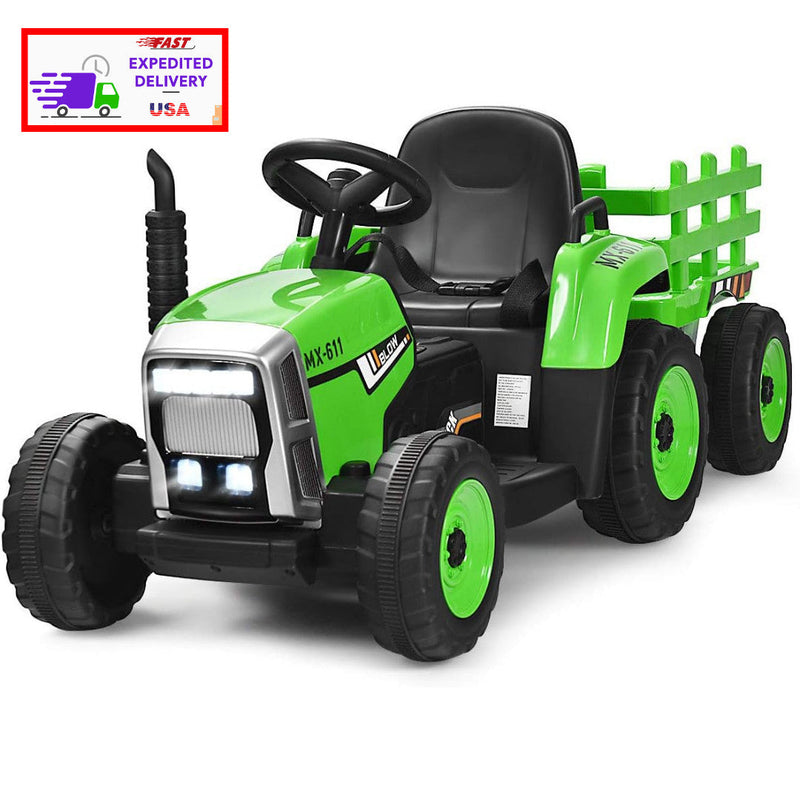 12V Kids' Electric Tractor with Detachable Trailer, USB Charging, 7 LED Lights, Remote Control