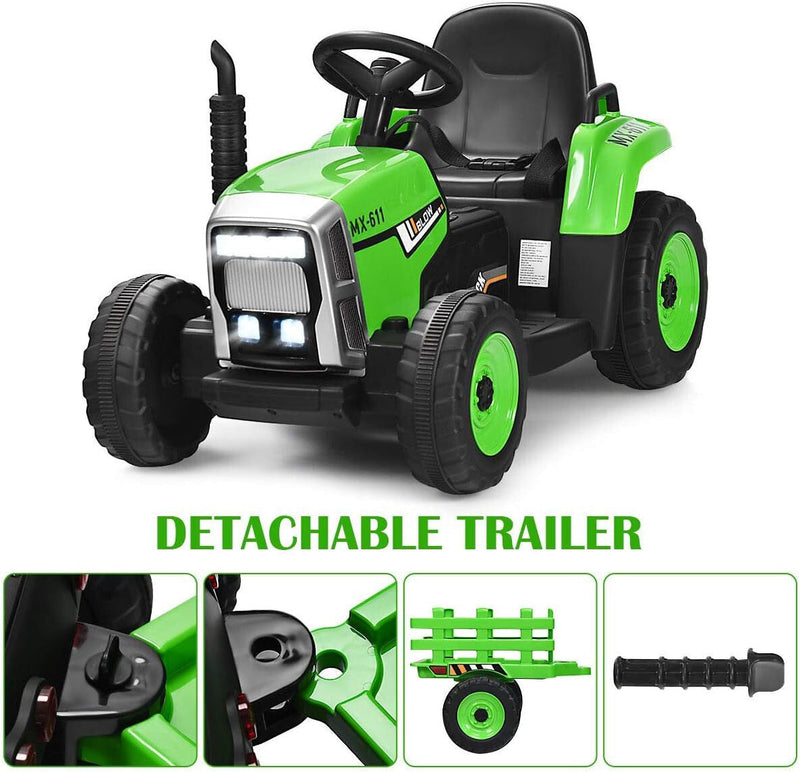 12V Kids' Electric Tractor with Detachable Trailer, USB Charging, 7 LED Lights, Remote Control