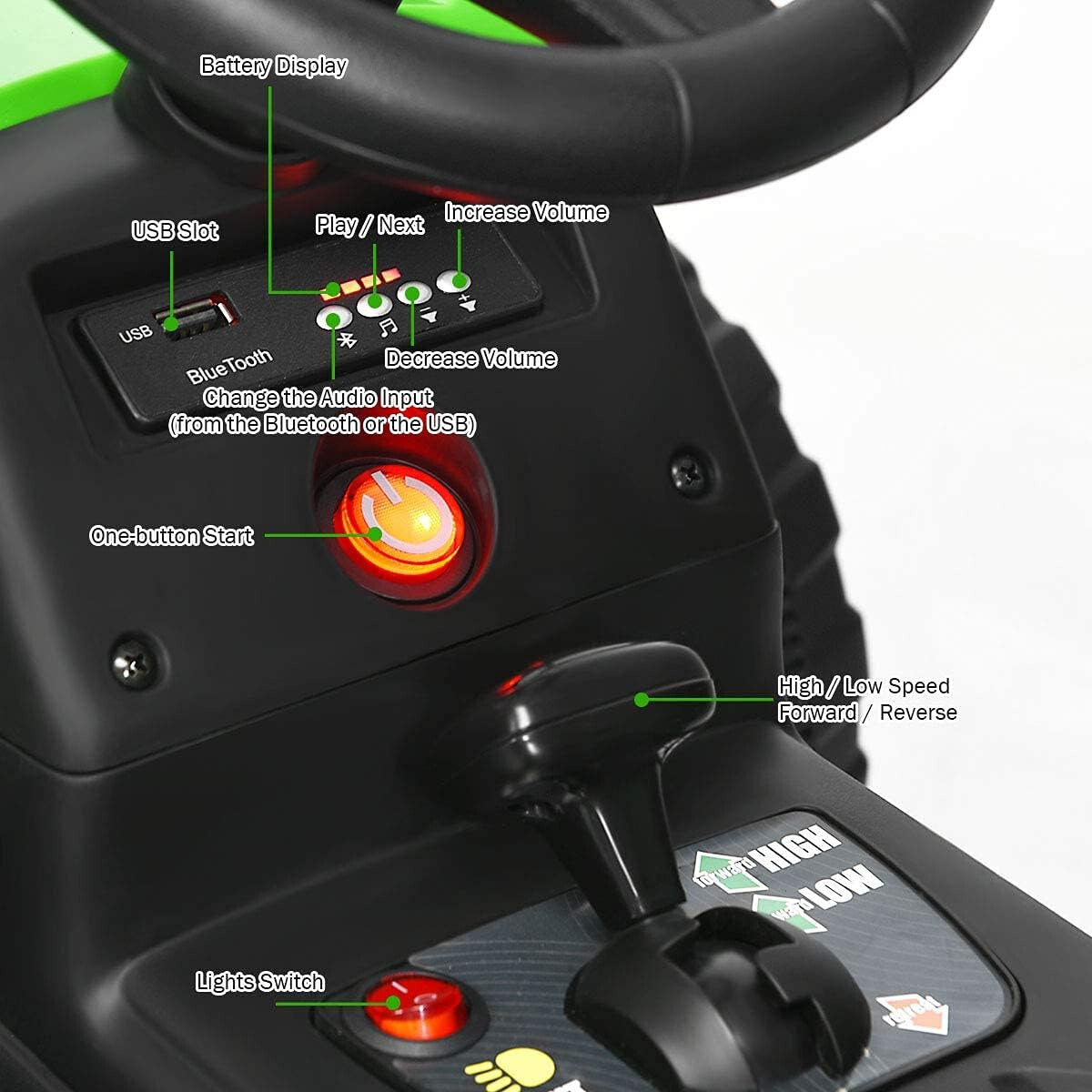 12V Kids' Electric Tractor with Detachable Trailer, USB Charging, 7 LED Lights, Remote Control