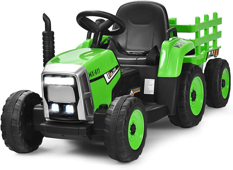 12V Kids' Electric Tractor with Detachable Trailer, USB Charging, 7 LED Lights, Remote Control