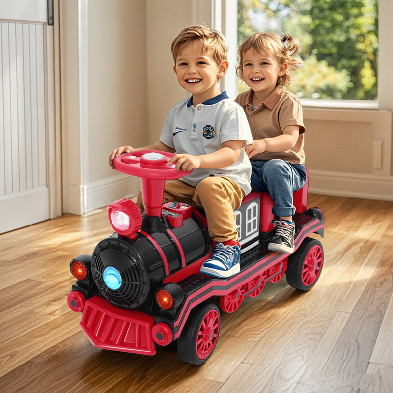 12V Two-Seater Electric Ride-On Train for Kids with Music and Lights, Red/Blue