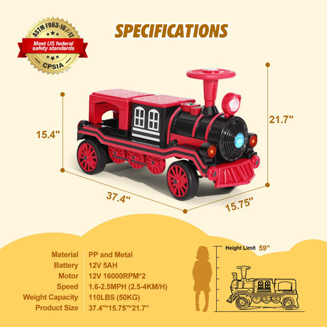 12V Two-Seater Electric Ride-On Train for Kids with Music and Lights, Red/Blue