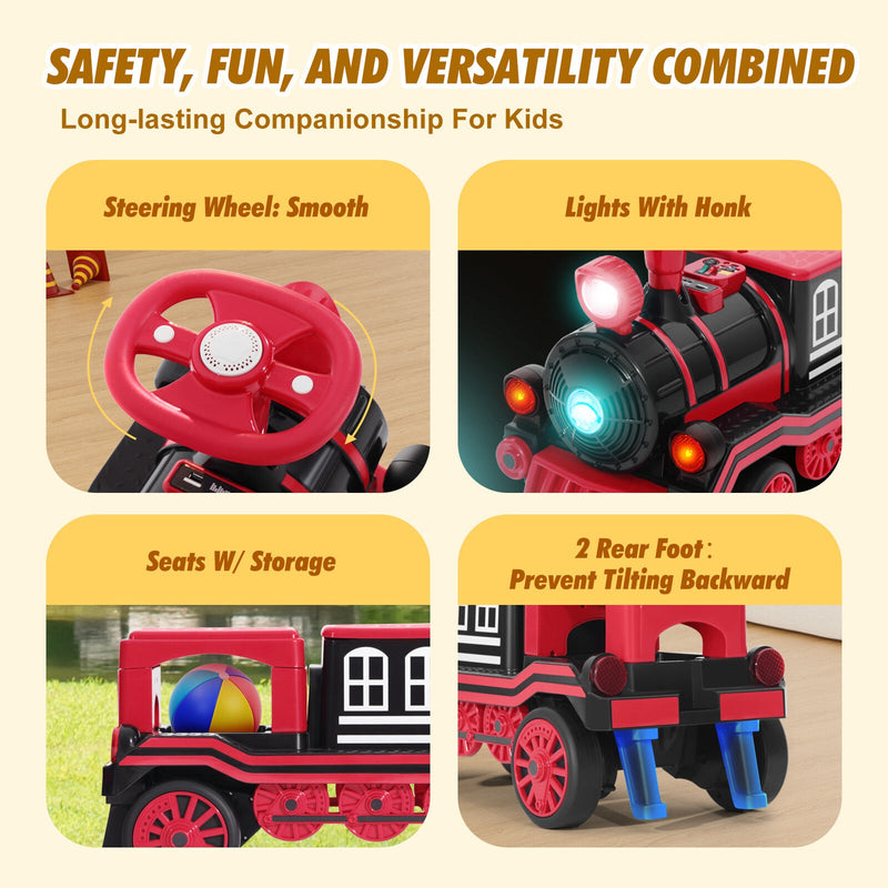 12V Two-Seater Electric Ride-On Train for Kids with Music and Lights, Red/Blue