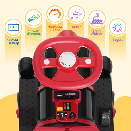 12V Two-Seater Electric Ride-On Train for Kids with Music and Lights, Red/Blue