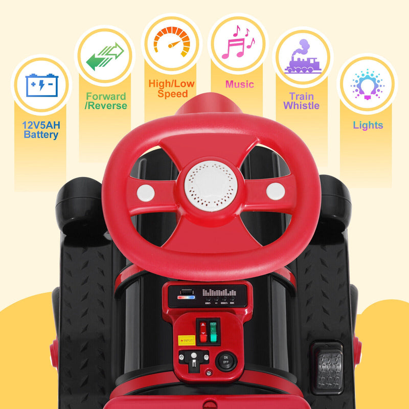 12V Two-Seater Electric Ride-On Train for Kids with Music and Lights, Red/Blue