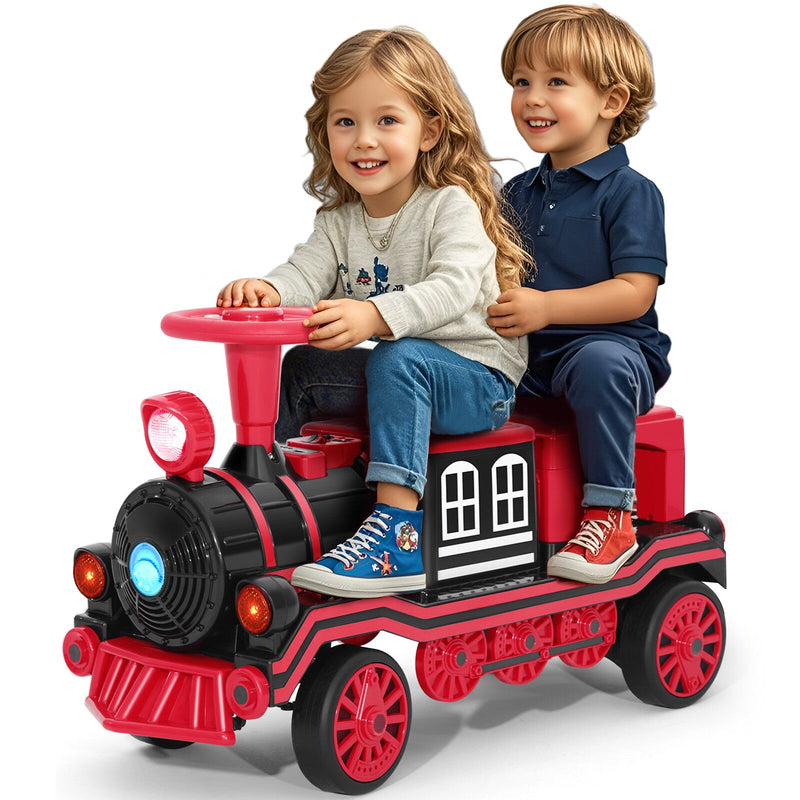 12V Two-Seater Electric Ride-On Train for Kids with Music and Lights, Red/Blue