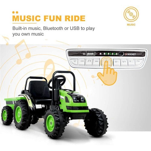 6V Kids Ride-On Tractor with Remote Control, Music, Horn, and Wagon Trailer