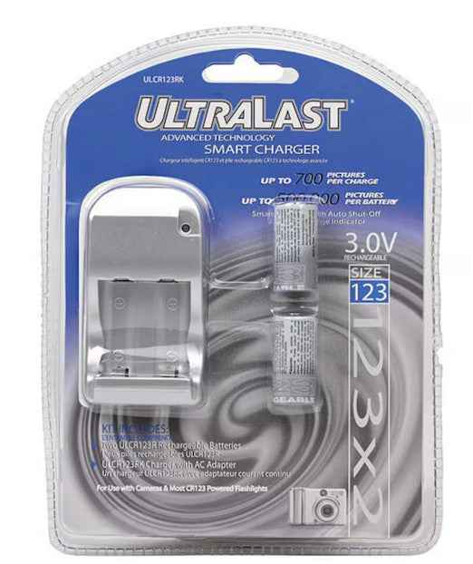 Ultralast ULCR123RK Smart Charger with 2 Rechargeable CR123 Batteries UltraLast
