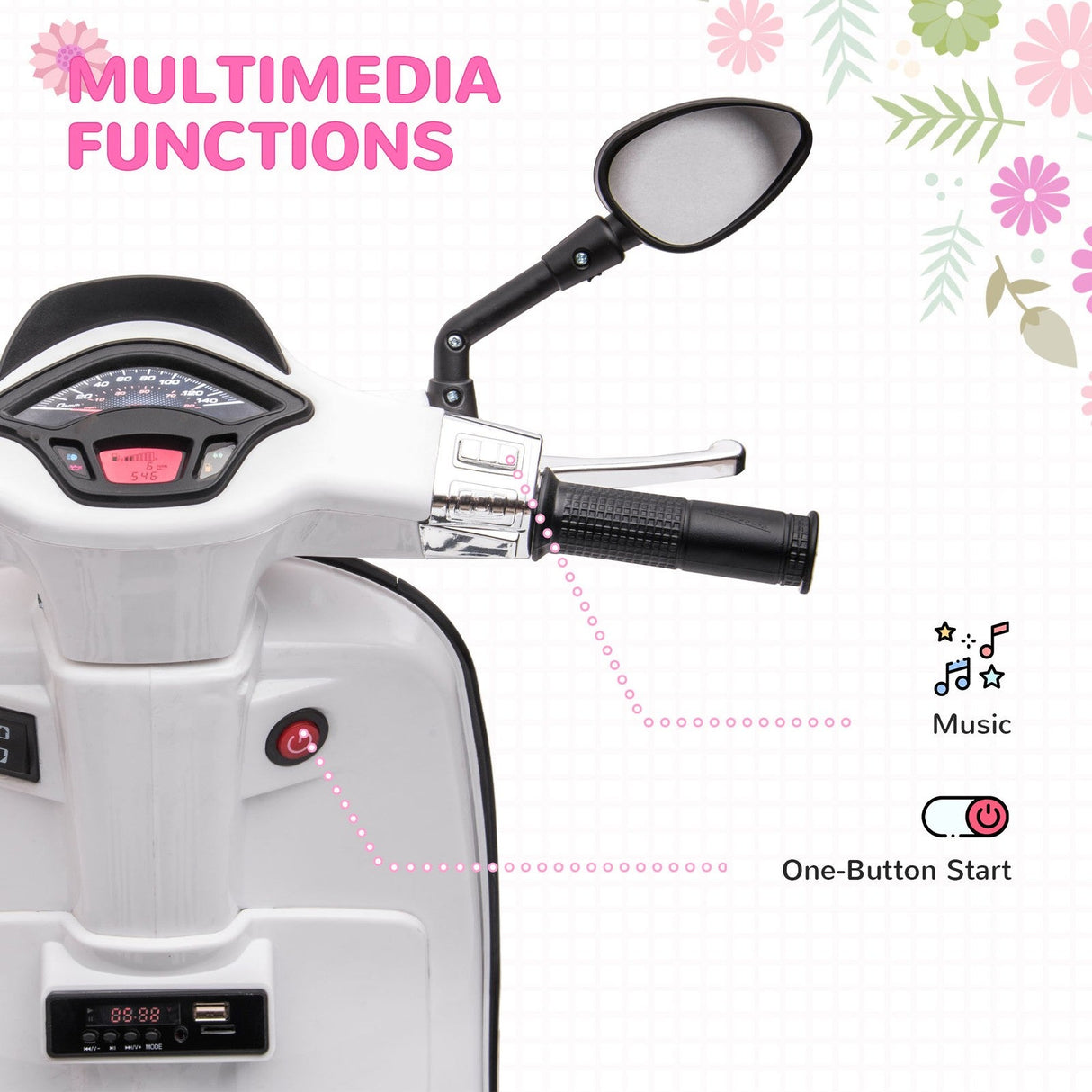 Licensed Vespa Electric Motorcycle for Kids with Music and FM Radio