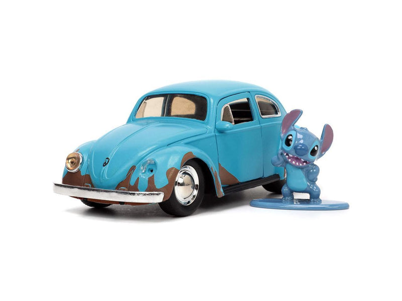 Matt Blue Weathered Volkswagen Beetle Diecast Car with Stitch Figure Littleo and Stit