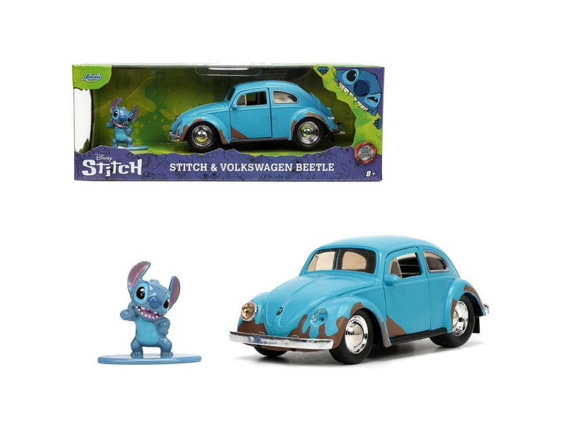 Matt Blue Weathered Volkswagen Beetle Diecast Car with Stitch Figure Littleo and Stit
