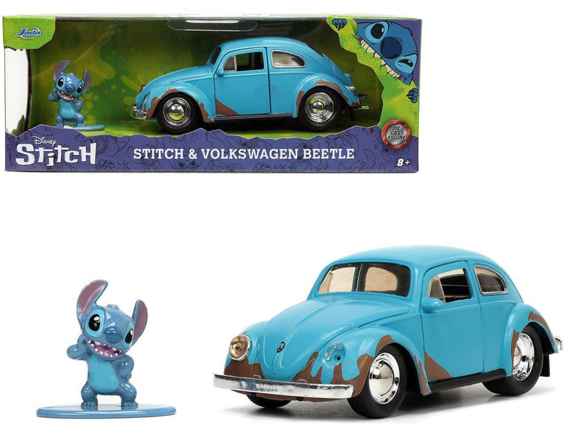 Matt Blue Weathered Volkswagen Beetle Diecast Car with Stitch Figure Littleo and Stit