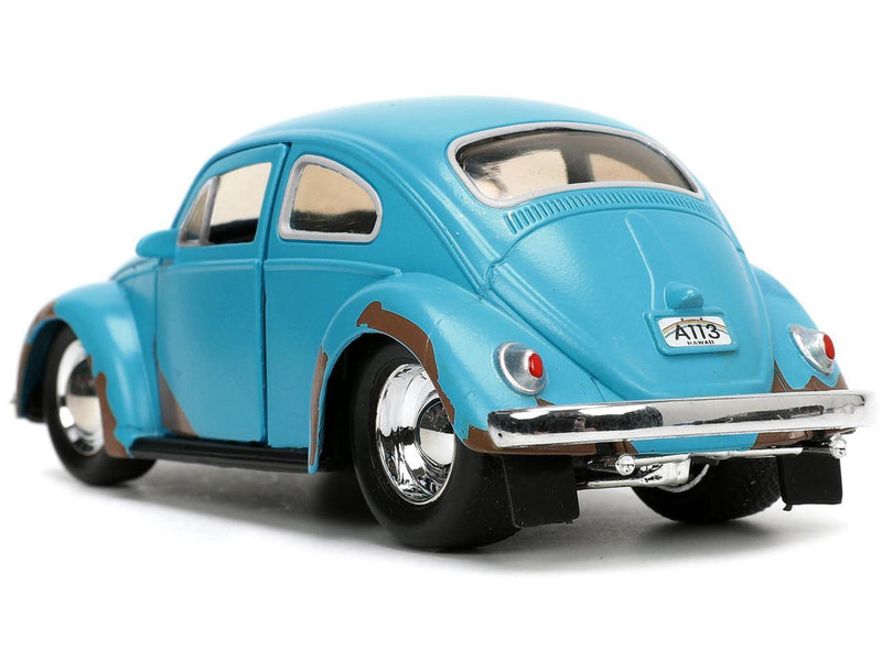 Matt Blue Weathered Volkswagen Beetle Diecast Car with Stitch Figure Littleo and Stit