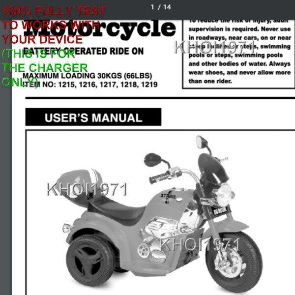 6V AC Wall Charger Adapter for Kid Motorz 1215 1216 3-Wheel Ride-On Motorcycle