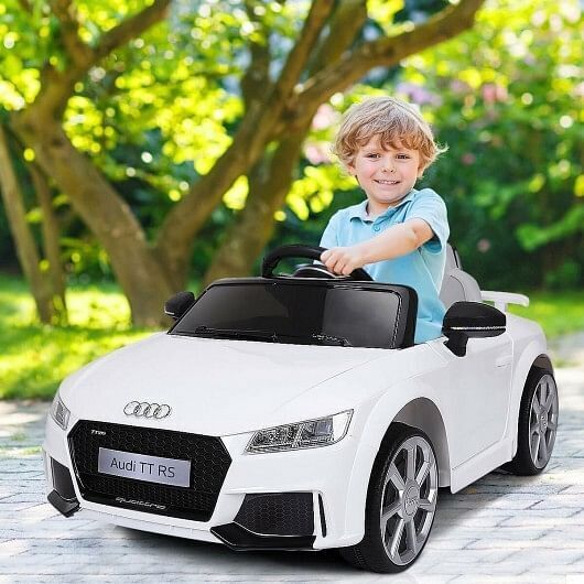 White 12V Electric Ride-On Car for Kids with Remote Control and Music Feature