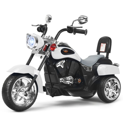 White 3-Wheel Chopper Motorcycle for Kids with Headlight and Horn