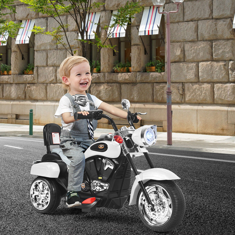 White 3-Wheel Chopper Motorcycle for Kids with Headlight and Horn