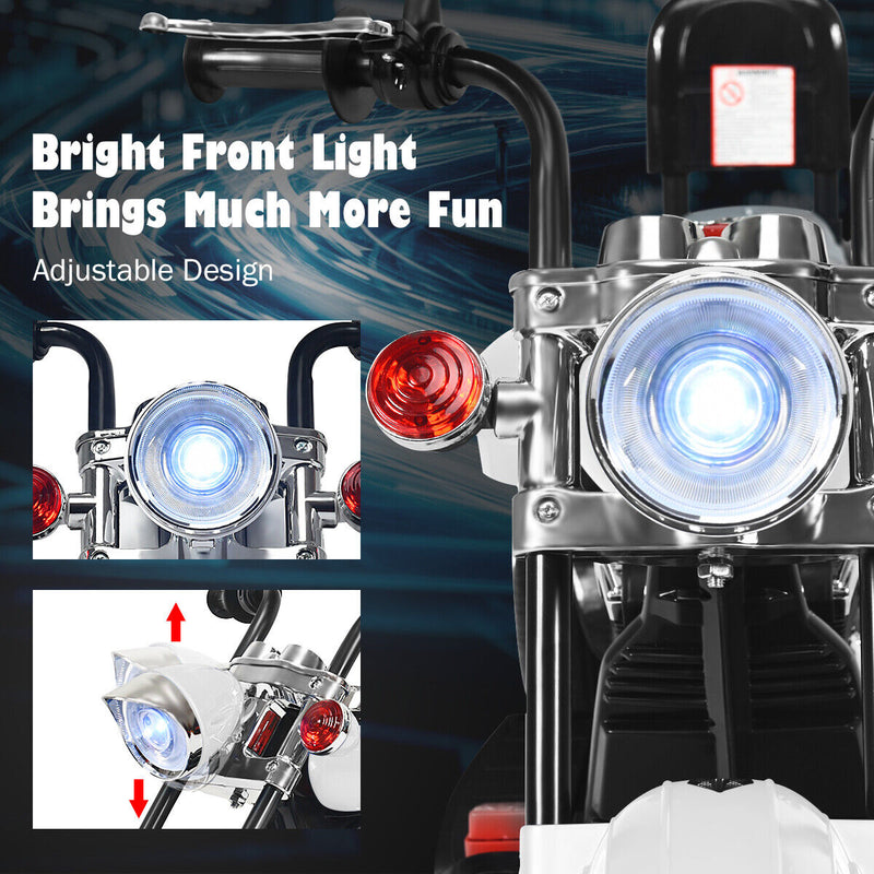 White 3-Wheel Chopper Motorcycle for Kids with Headlight and Horn