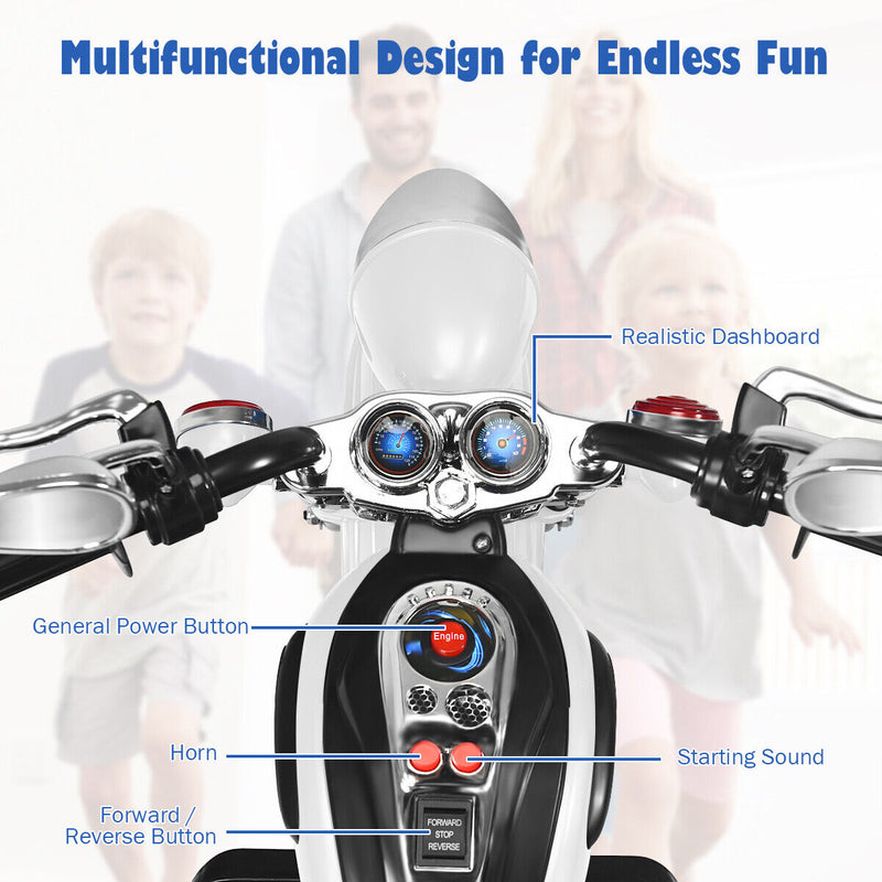 White 3-Wheel Chopper Motorcycle for Kids with Headlight and Horn