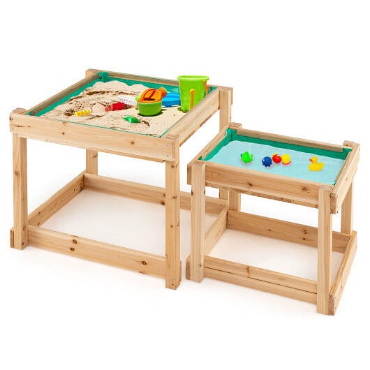 Wooden Sand and Water Table with Protective Cover for Kids, Natural Finish