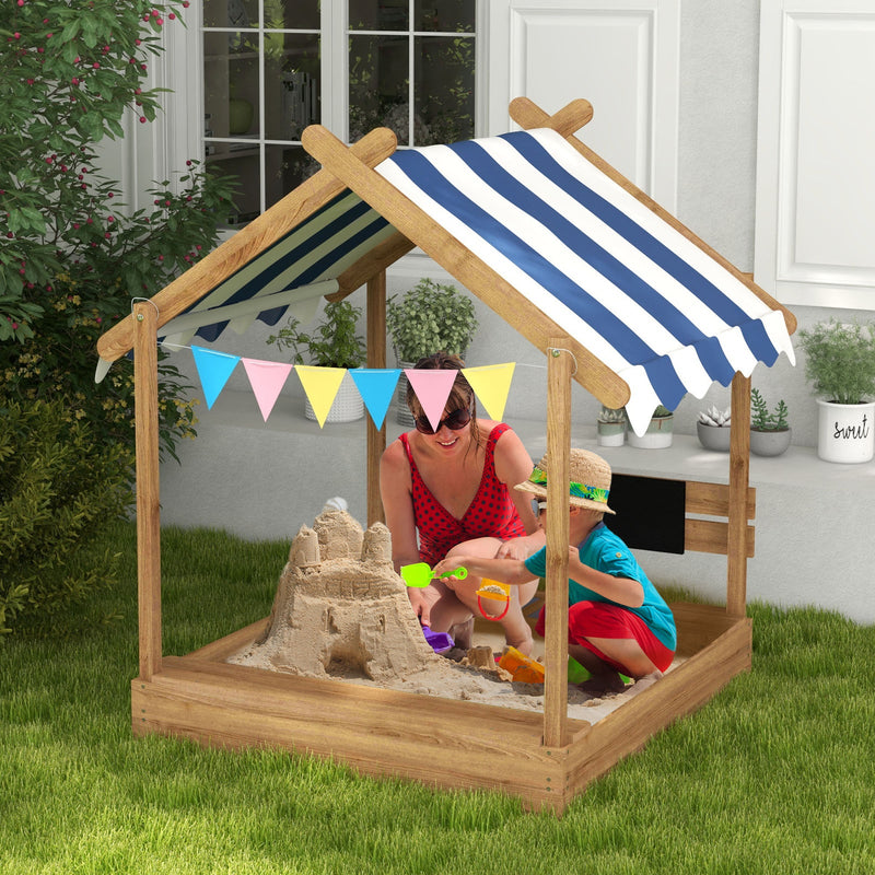 Wooden Sandbox with Canopy and Playhouse Design for Ages 3-7, Brown