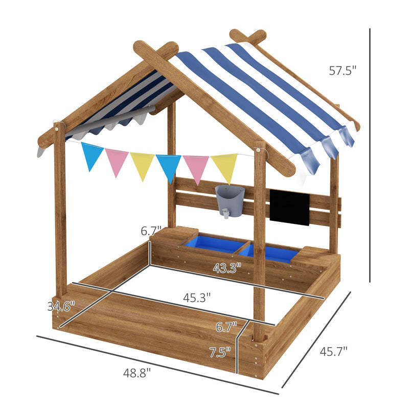 Wooden Sandbox with Canopy and Playhouse Design for Ages 3-7, Brown