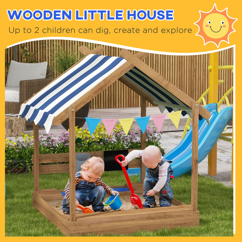 Wooden Sandbox with Canopy and Playhouse Design for Ages 3-7, Brown
