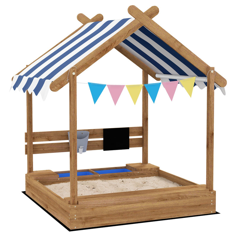 Wooden Sandbox with Canopy and Playhouse Design for Ages 3-7, Brown