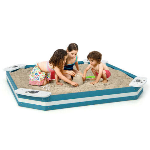 Wooden Sandbox with Animal Pattern Seats for Outdoor Play