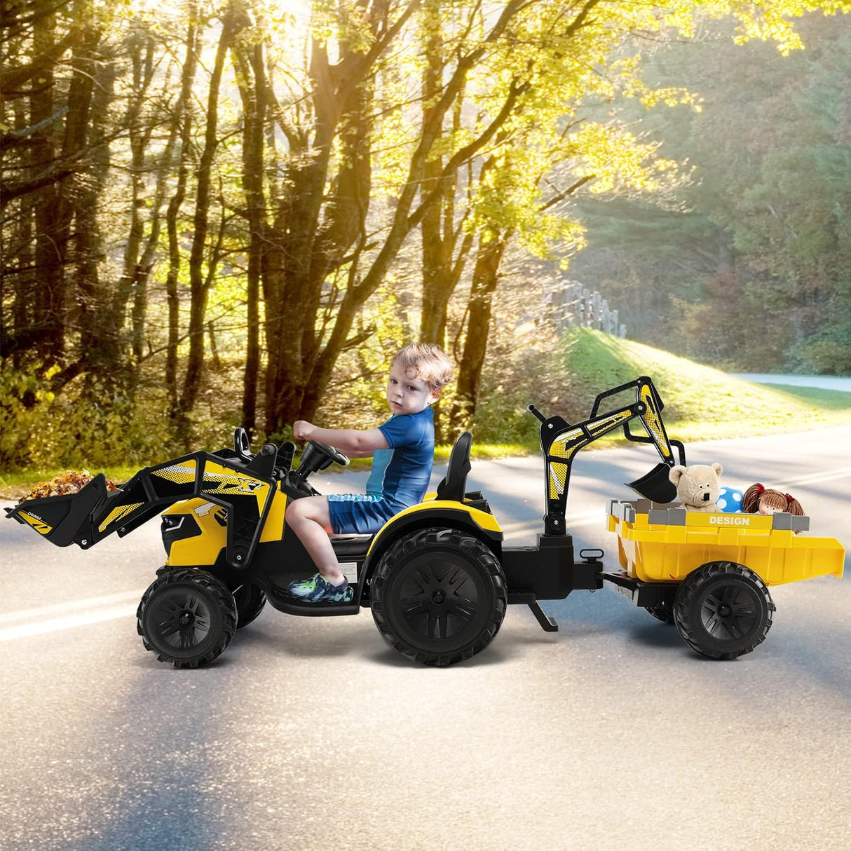 12V Electric Ride-On Excavator Bulldozer with Trailer for Kids - Remote Control Included