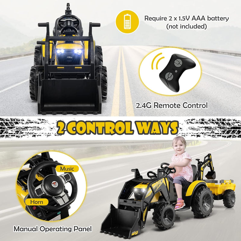 Yellow 12V Electric Ride-On Excavator Bulldozer Rubber Tires with Trailer for Kids - Remote Control Included