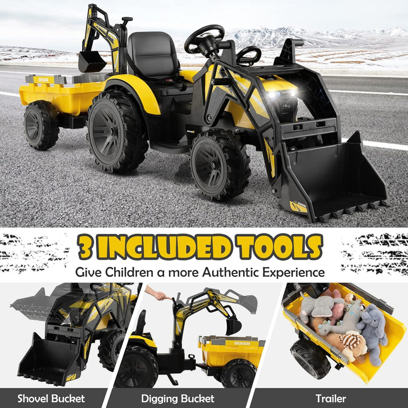 Yellow 12V Electric Ride-On Excavator Bulldozer Rubber Tires with Trailer for Kids - Remote Control Included