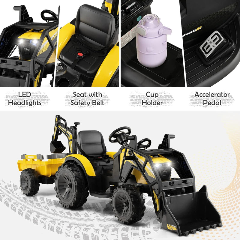 Yellow 12V Electric Ride-On Excavator Bulldozer Rubber Tires with Trailer for Kids - Remote Control Included