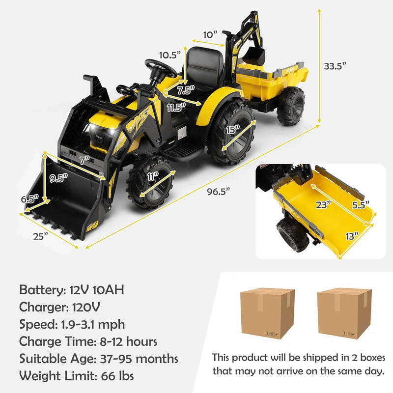 Yellow 12V Electric Ride-On Excavator Bulldozer Rubber Tires with Trailer for Kids - Remote Control Included