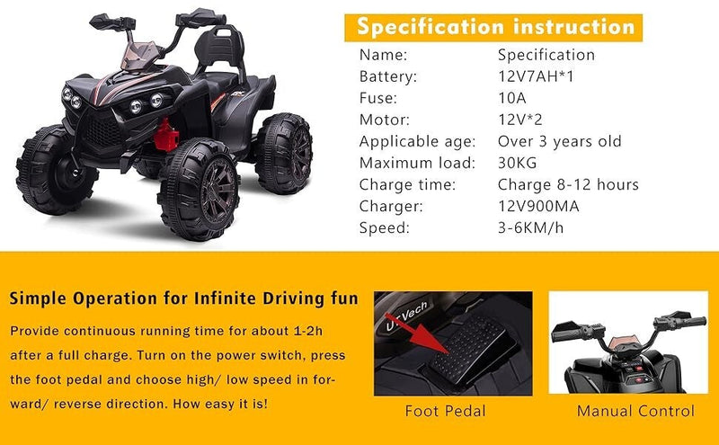 12V Electric Kids Ride-On Off-Road ATV Quad Bike with 2 Speeds - Red
