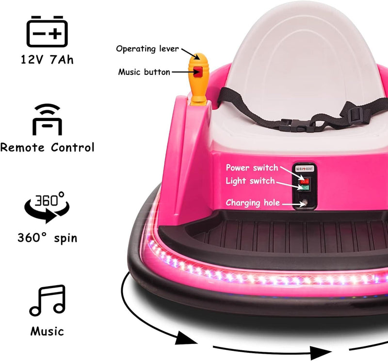 12V Kids Ride-On Bumper Car with Remote Control, 360° Spin, and Flashing Lights for Toddlers