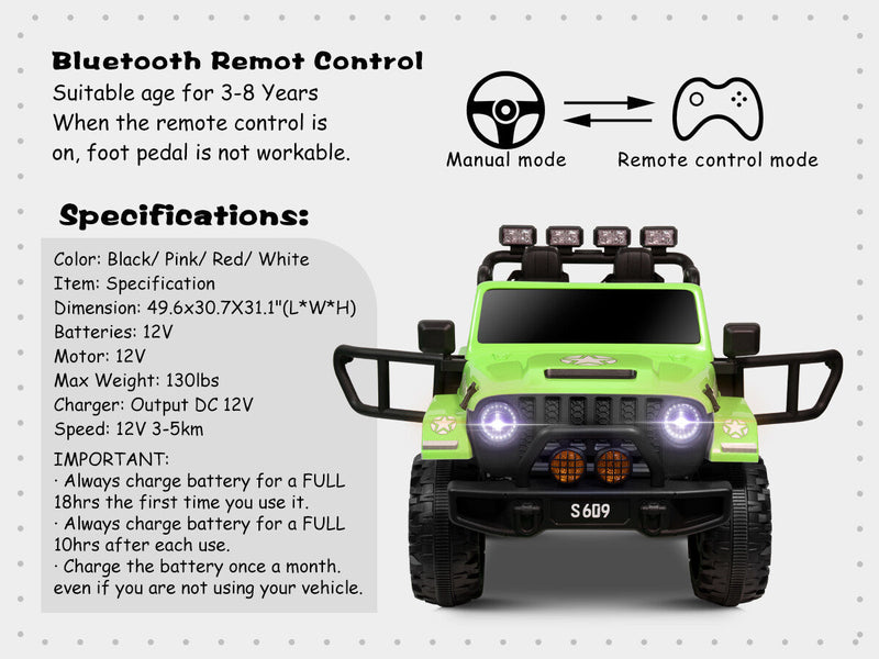 Kids 12V Electric Ride-On Jeep Truck with Remote Control and Powerful Battery