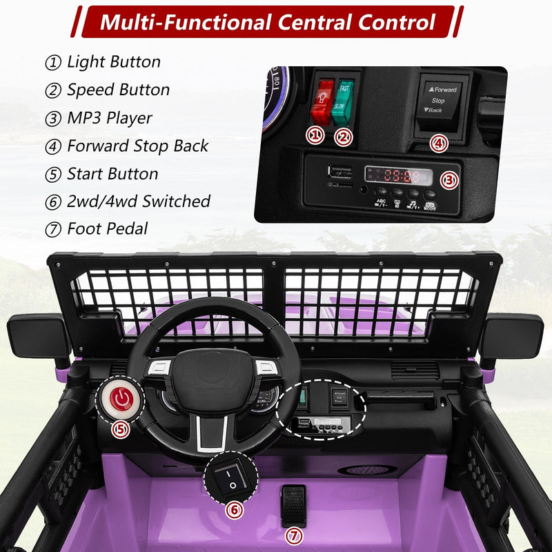 24V Kids Electric Ride-On Truck Purple 2-Seater Switchable 4WD/2WD