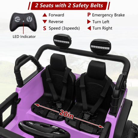 24V Kids Electric Ride-On Truck Purple 2-Seater Switchable 4WD/2WD