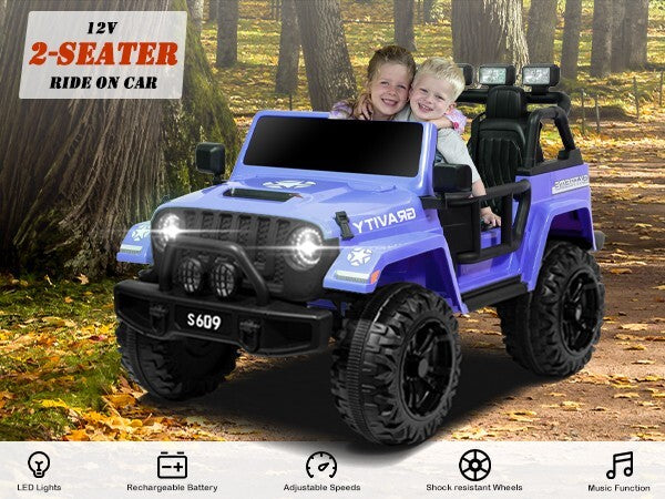 12V Electric Ride-On Jeep Truck for Kids with 2 Seats, 3 Speeds, and Remote Control, Blue