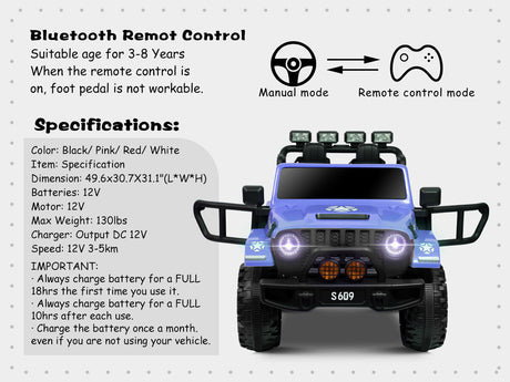 12V Electric Ride-On Jeep Truck for Kids, 2-Seater with 3 Speeds and Remote Control