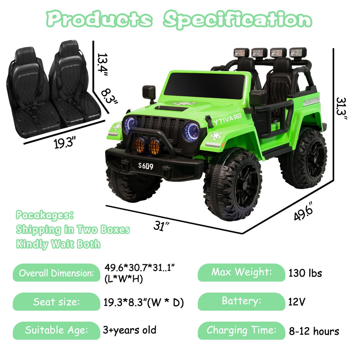 12V Electric Ride-On Jeep Truck for Kids, 2-Seater with 3 Speeds and Remote Control