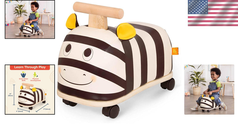 Zebra Wooden Ride-On Toy for Toddlers with Soft Seat and No Assembly Required