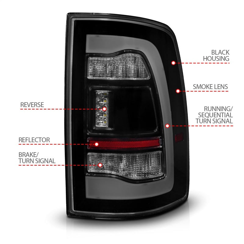 ANZO 09-18 Dodge Ram 1500 Sequential LED Taillights Smoke Black w/Switchback Amber Signal