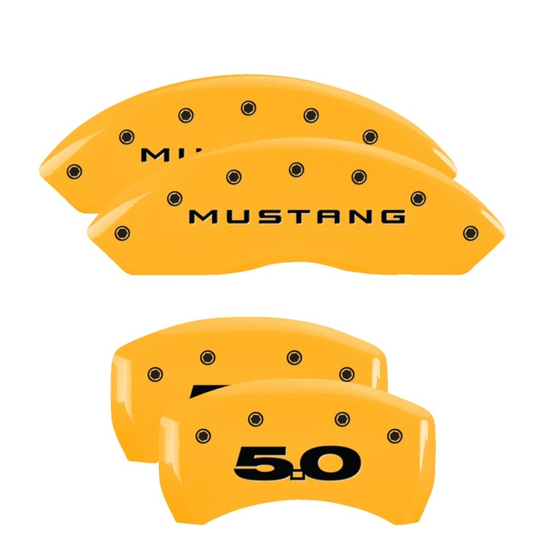 MGP 4 Caliper Covers Engraved Front Mustang Engraved Rear 50 Yellow finish black ch